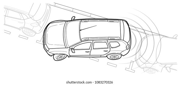 Parking car vector line illustration.