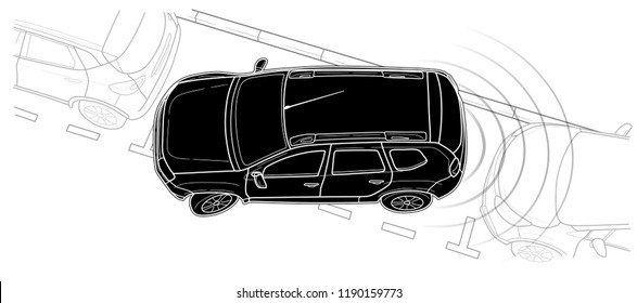 Parking car vector line illustration. Car and transportation, auto park.
