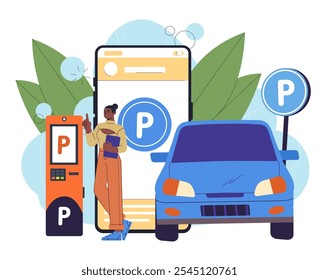 Parking for car. Woman near blue car and parking space. Person with traffic rules. Transportation, travel and trip. Girl with automobile. Flat vector illustration isolated on white background