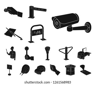 Parking for cars black icons in set collection for design. Equipment and service vector symbol stock web illustration.
