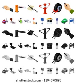 Parking for cars cartoon icons in set collection for design. Equipment and service vector symbol stock web illustration.