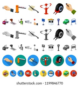 Parking for cars cartoon icons in set collection for design. Equipment and service vector symbol stock web illustration.