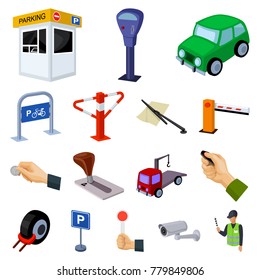 Parking for cars cartoon icons in set collection for design. Equipment and service vector symbol stock web illustration.