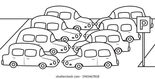 Parking lot for cars, coloring book, white and black colors, vector illustration