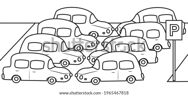 Parking lot for cars, coloring book, white\
and black colors, vector\
illustration