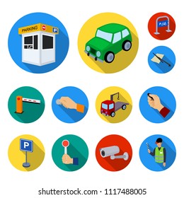 Parking for cars flat icons in set collection for design. Equipment and service vector symbol stock web illustration.