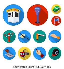 Parking for cars flat icons in set collection for design. Equipment and service vector symbol stock web illustration.