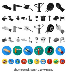 Parking for cars flat icons in set collection for design. Equipment and service vector symbol stock web illustration.