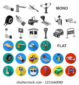 Parking for cars flat icons in set collection for design. Equipment and service vector symbol stock web illustration.