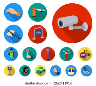 Parking for cars flat icons in set collection for design. Equipment and service vector symbol stock web illustration.