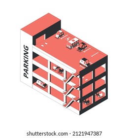 Parking cars isometric composition with isolated image of parking building on blank background vector illustration