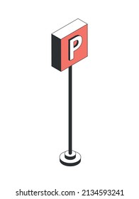 Parking cars isometric composition with isolated image of traffic sign on blank background vector illustration