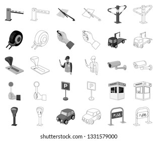 Parking for cars monochrome,outline icons in set collection for design. Equipment and service vector symbol stock web illustration.