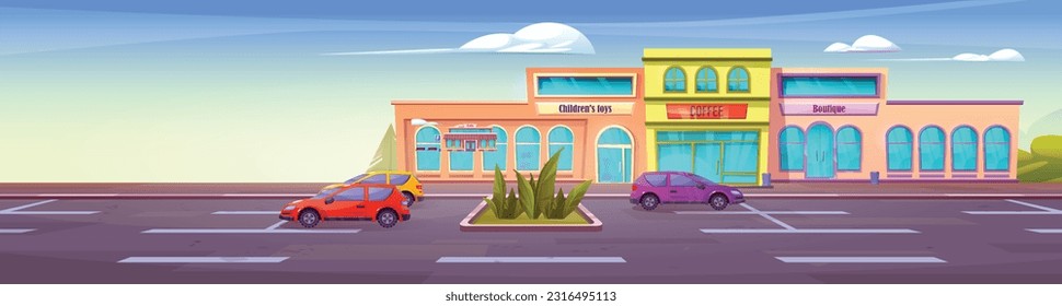 Parking lot with cars near shopping mall in city. Vector cartoon illustration of autos in front of modern cafe, beautique and toy shop buildings, benches under green trees and bushes, blue summer sky