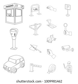 Parking for cars outline icons in set collection for design. Equipment and service vector symbol stock web illustration.
