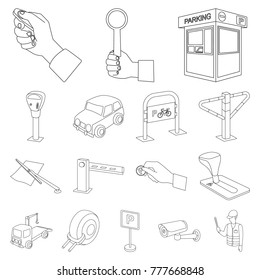 Parking for cars outline icons in set collection for design. Equipment and service vector symbol stock web illustration.