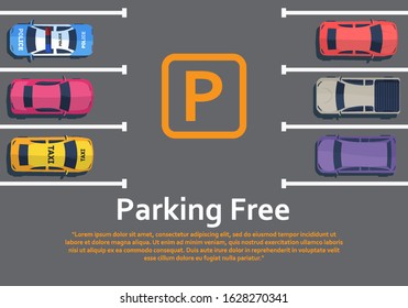 Parking for cars. Cars are standing on parking view from above. Passenger machinery stand in traffic jam. Street traffic and transport elements. Vector illustration in flat style, EPS 10.