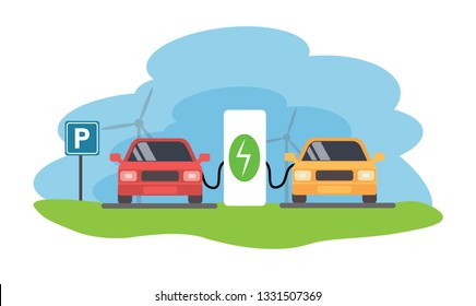 Parking charge, electric car charging, charged station, Eco concept, vector, illustration