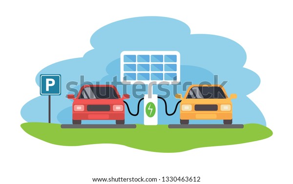 Parking charge, electric\
car charging, solar panel, charged station, Eco concept, vector,\
illustration