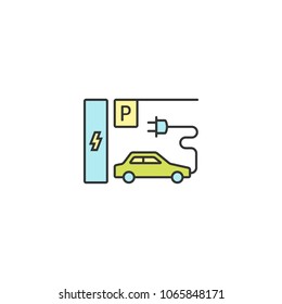 Parking charge station icon outline, linear, editable stroke vector object. Electric car conceptual.