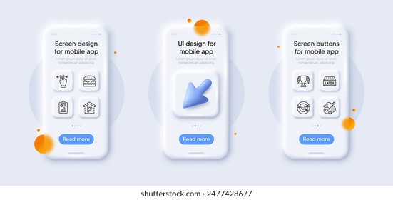 Parking, Chromium mineral and Touchscreen gesture line icons pack. 3d phone mockups with cursor. Glass smartphone screen. Report, Targeting, Winner web icon. Burger, Latex mattress pictogram. Vector