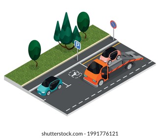 Parking colored isometric composition with a tow truck takes away an improperly parked car vector illustration