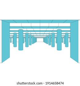 Aparcamiento. Columnas. Perspectiva. Fondo blanco y azul. Dungeon. Túnel.
Minimalismo. Ilustración vectorial.