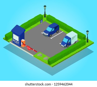 Parking concept banner. Isometric banner of parking vector concept for web, giftcard and postcard