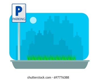 Parking concept in flat style over city silhouette. Flat Vector Illustration