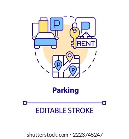 Parking concept icon. Residential real estate development. Convenient neighborhoods abstract idea thin line illustration. Isolated outline drawing. Editable stroke. Arial, Myriad Pro-Bold fonts used