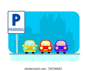 Parking concept with red Car in flat style over city silhouette. Flat Vector Illustration