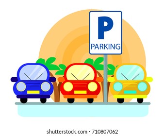 Parking concept with red, green and blue Cars in flat style over sunset. Flat Vector Illustration