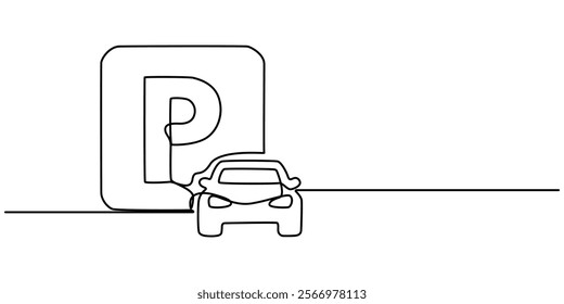 parking continuous line one drawing pro vector illustration, Parking icon one minimal. Drawing of a car parking sign contour black line vector. Outline parking line pro illustration.