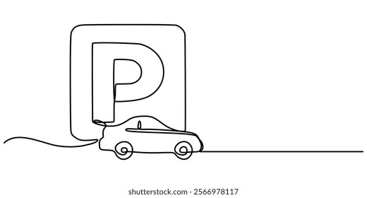 parking continuous line one drawing pro vector illustration, Parking icon one minimal. Drawing of a car parking sign contour black line vector. Outline parking line pro illustration.