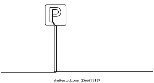 parking continuous line one drawing pro vector illustration, Parking icon one minimal. Drawing of a car parking sign contour black line vector. Outline parking line pro illustration.