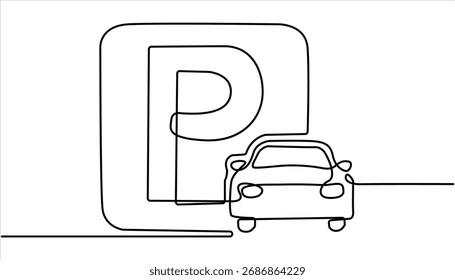 parking continuous line one drawing pro vector illustration, Parking icon one line vector. Single line draw design vector graphic illustration. Drawing of a car parking sign contour black line vector
