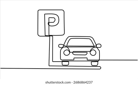 Parken durchgehende Linie eine Zeichnung pro Vektorgrafik, Parken Symbol eine Linie Vektor. Einzeiliges Zeichnungsdesign, Vektorgrafik. Zeichnung eines Autoabstellschildes Kontur schwarze Linie Vektor