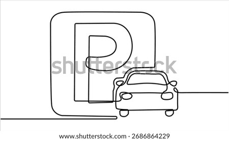 parking continuous line one drawing pro vector illustration, Parking icon one line vector. Single line draw design vector graphic illustration. Drawing of a car parking sign contour black line vector