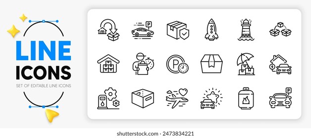 Parking, Delivery insurance and Home charging line icons set for app include Gas cylinder, Lighthouse, Parcel shipping outline thin icon. Car review, Package box, Moving service pictogram icon. Vector