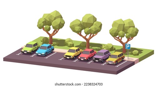 Parking Lot With Different Cars. Low Poly Dimetric Illustration