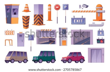 Parking. Different signs traffic barriers sidewalks exact vector undergrounf parking