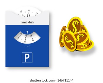 parking disk and golden coins against white background, abstract vector art illustration, image contains transparency