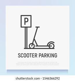 Parking for electric scooter thin line icon. Green transport. Sharing service. Modern vector illustration.