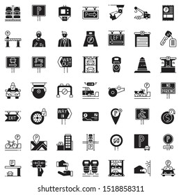 Parking elements collection, flat icons set, symbols pack contains - valet parking, bicycle, garage, traffic cone, barrier, security camera, tow truck, ticket. Vector illustration. Flat style design