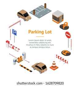 Parking Elements Concept Banner Card Circle 3d Isometric View Include of Car, Sign, Place and Barrier. Vector illustration