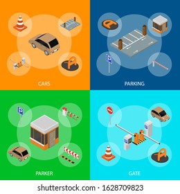 Parking Elements Concept Banner Set 3d Isometric View Include of Car, Sign, Place and Barrier. Vector illustration
