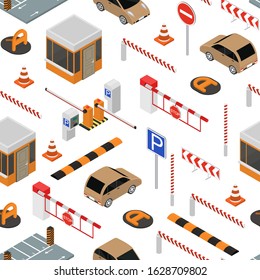 Parking Elements Concept Seamless Pattern Background on a White 3d Isometric View Include of Car, Sign, Place and Barrier. Vector illustration