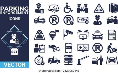 Parking enforcement and traffic regulation vector icon set for urban management design.