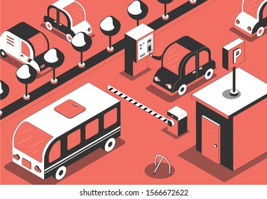 Parking entrance pay isometric composition with outdoor scenery toll gate and images of cars in queue vector illustration