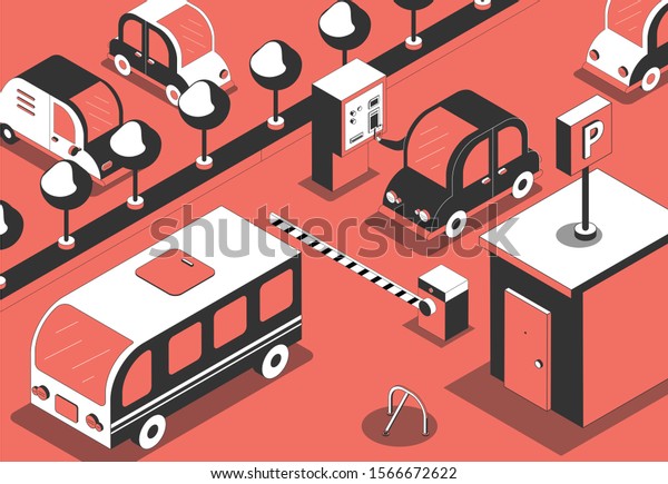 Parking\
entrance pay isometric composition with outdoor scenery toll gate\
and images of cars in queue vector\
illustration